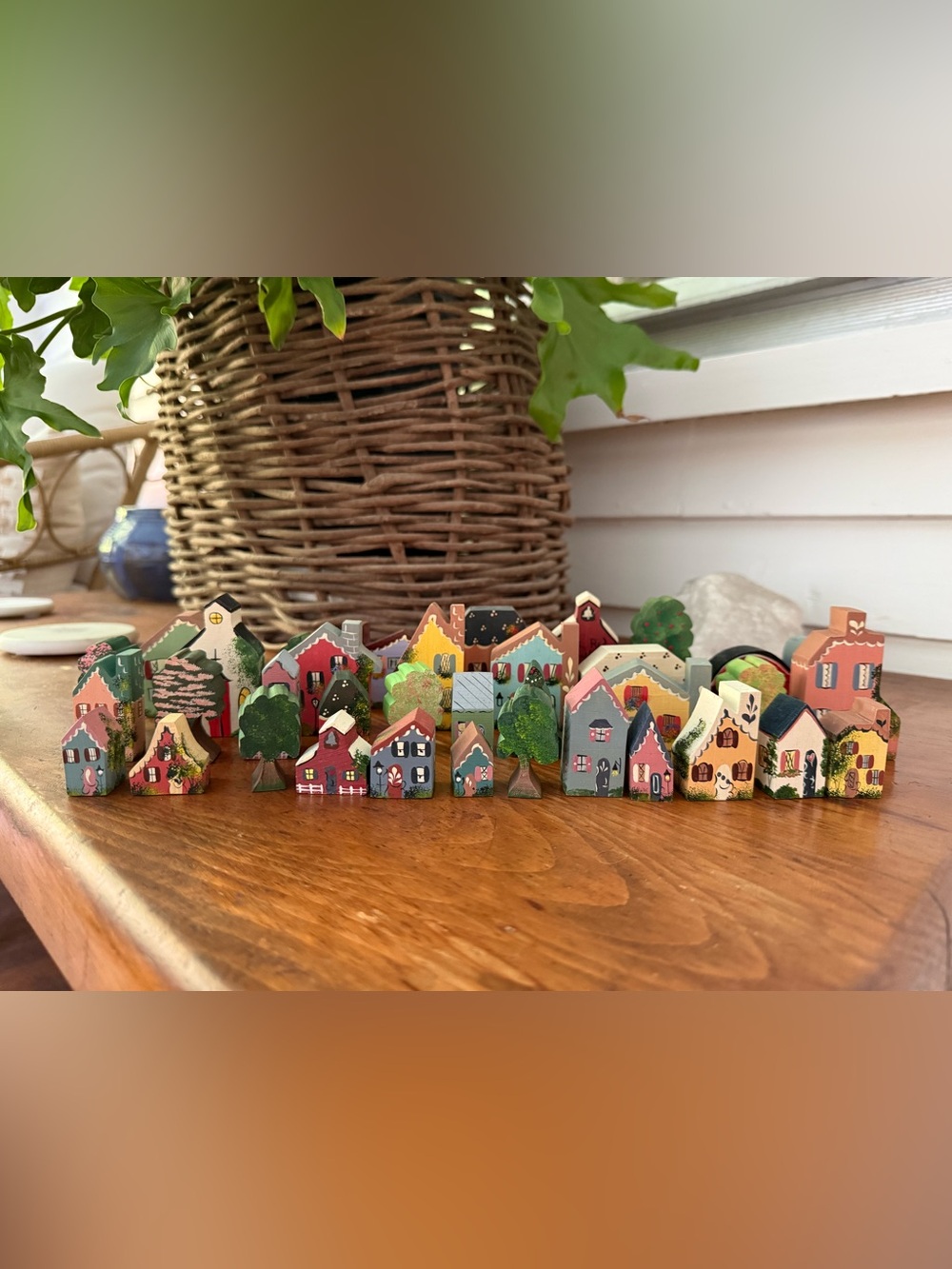 Joan Lowder Originals Hand Painted Wooden Mini Village Set 35 Pieces Vintage